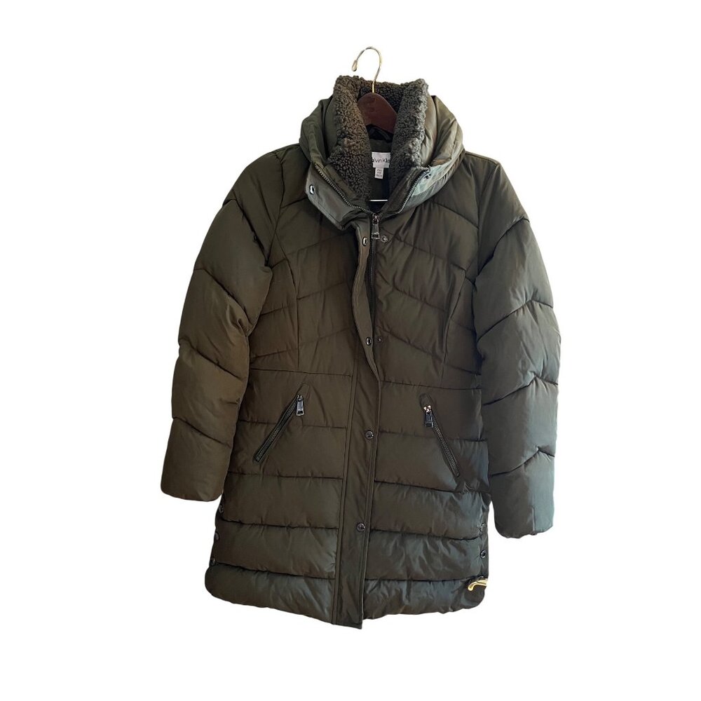 Calvin Klein Womens Olive Puffer Coat Detachable Hood PXS Water-Resistant & Warm